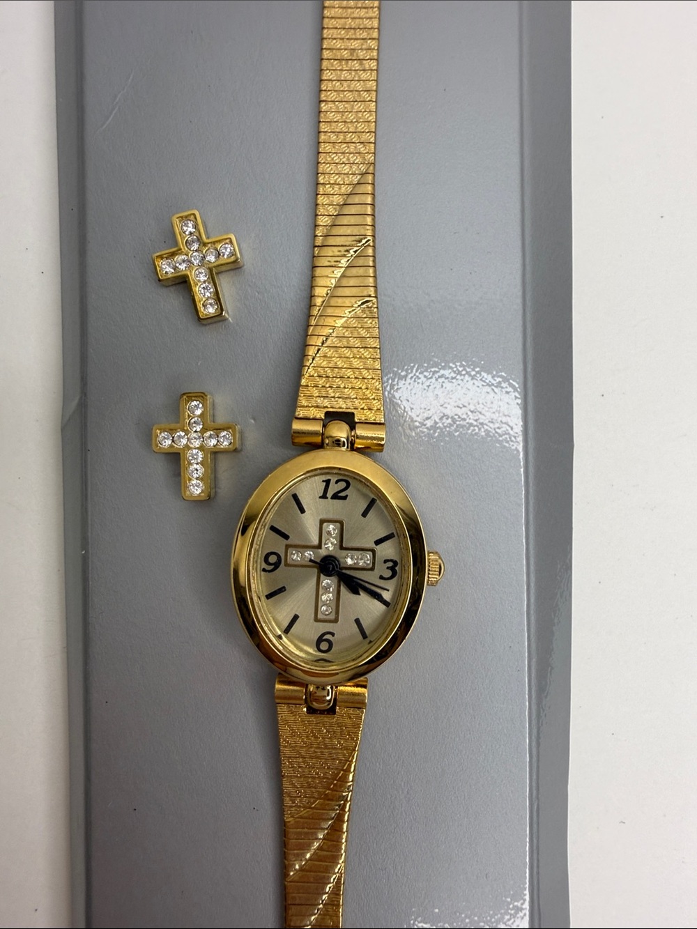 Vintage 90’s Avon Gold Cross Women's Watch with Gold Tone Crystal Cross Earrings